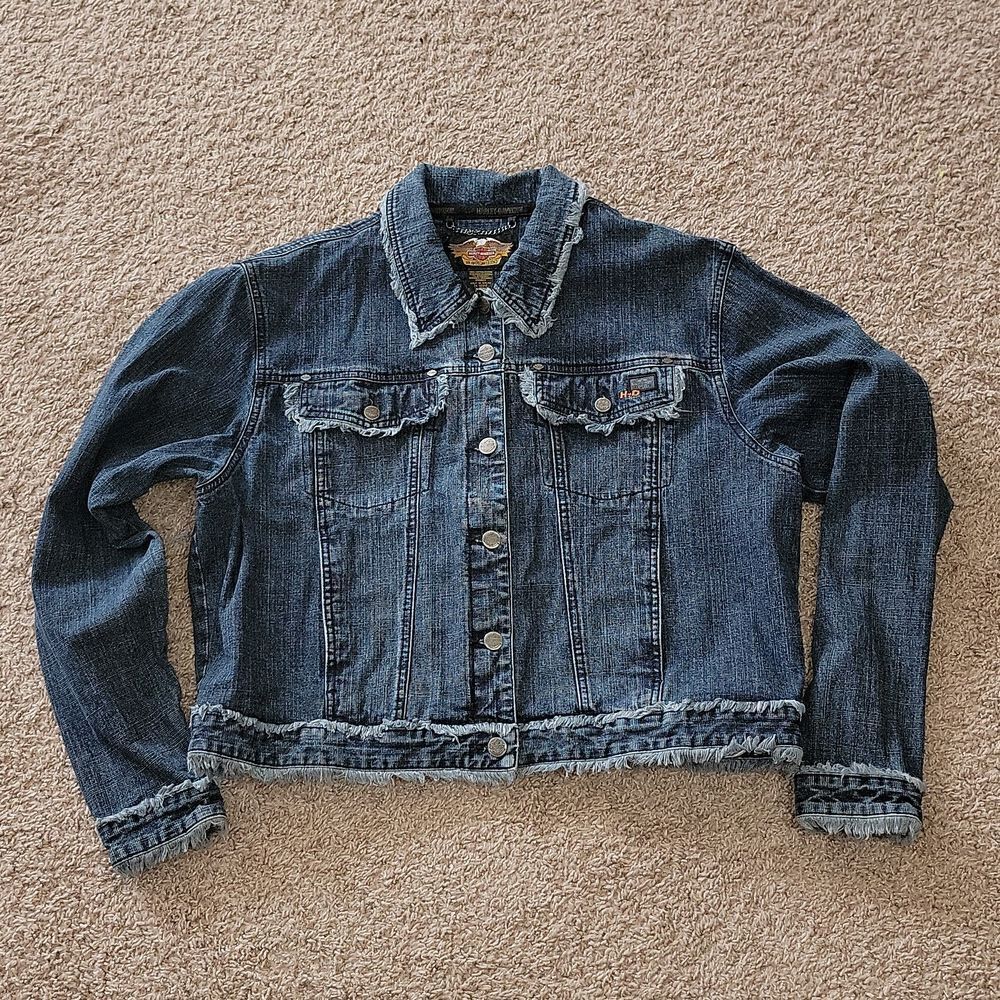 Harley-Davidson HD Denim Jacket Frayed Raw Edges Logo Moto Hippie Y2K Rare XL - Picture 13 of 13
